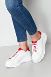 BEYAZA KIRMIZI Gön Hakiki Deri Yuvarlak Burun Dolgu Taban Bağcıklı Kadın Sneaker 24166