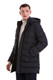 Lacivert Slim Fit Hakim Yaka Kapüşonlu Basic Kaban | S