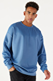 Erkek Indigo Oversize Bol Kesim Bisiklet Yaka Düz Sweatshirt