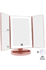 Land Of Myth 1X-2X-3X+10X HD ZOOM 37 Şerit LED Işıklı Makyaj Aynası, 3 Panel, Katlanabilir, Dokunmatik Parlaklık Ayarı (R. Gold)