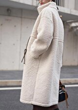 Toridas Peluş Beli Bağcıklı Kışlık Kadın Fermuarlı Astarlı Tüylü Ceket ws02krem6