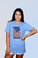 ErTaPassage Kadın Mavi American Flag Baskılı Oversize T-Shirt T6955374