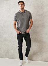 Erkek Siyah Kıvrılmaz Polo Yaka Cepsiz Slim Fit Dar Kesim Düz Tişört