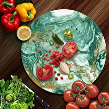 Decovetro Cam Kesme Tahtası Yuvarlak Yeşil Gold Mermer Desenli 30x30 Cm