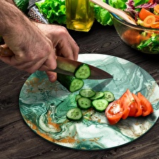 Decovetro Cam Kesme Tahtası Yuvarlak Yeşil Gold Mermer Desenli 30x30 Cm