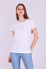 Beyaz Renk %100 Pamuk Bisiklet Yaka Basic Baskısız Kadın Örme Kısa Kollu Tshirt