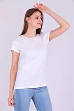 Beyaz Renk %100 Pamuk Bisiklet Yaka Basic Baskısız Kadın Örme Kısa Kollu Tshirt