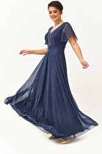 Kadın Büyük Beden Yaka Boncuk Detaylı Uzun Lacivert Abiye & Gece Elbisesi