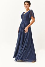 Kadın Büyük Beden Yaka Boncuk Detaylı Uzun Lacivert Abiye & Gece Elbisesi