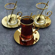 Paşabahçe Heybeli Golden Çelik Tabaklı Kulplu Çay Takımı-6 Kişilik