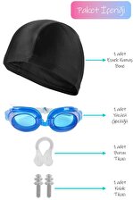 4lü Set Yüzücü Gözlüğü Kumaş Bone Kulak Ve Burun Tıkaçlı Set Yüzme Havuz Deniz Gözlüğü Lacivert
