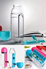 Sızdırmaz Kapaklı Matara Suluk 600ml 7 Günlük Hap İlaç Kutusu Organizer Sporcu Su Şişesi Bardak