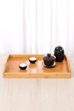 2'li Bambu Çay Tepsisi Kulplu Dikdörtgen Büyük + Orta Boy Kahve Çay Servis