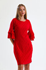 Güpür Kolları Volanlı Elbise | Elb31293 Kırmızı