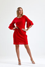Güpür Kolları Volanlı Elbise | Elb31293 Kırmızı