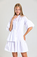 Önü Düğmeli Kısa Kol Elbise  | Elb34244 Beyaz