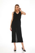 Kadın Krep V Yaka Yırtmaçlı Uzun Elbise-Siyah