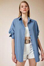 KOPYA - Kadın İndigo Mavi Oversize Uzun Basic Gömlek HZL22W-BD139001