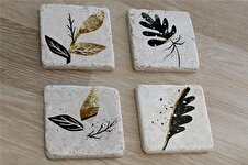 Altın Desenli Yapraklı Doğal Taş Bardak Altlığı 4'lü set - Natural Stone Coasters