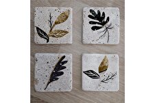 Altın Desenli Yapraklı Doğal Taş Bardak Altlığı 4'lü set - Natural Stone Coasters