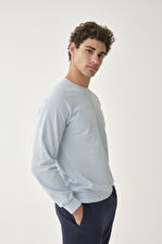 Yazı Baskılı Bisiklet Yaka Açıkmavi Pamuk Sweatshirt