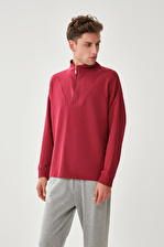 Fermuar Yaka Lastik Bilekli Bordo Sweatshirt
