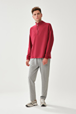 Fermuar Yaka Lastik Bilekli Bordo Sweatshirt