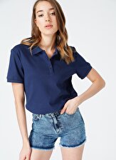 Fabrika Polo Yaka  Basic Düz Lacivert Kadın T-Shirt  -  DEEP