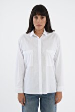 Beyaz Rahat Kalıp Cepli Uzun Gömlek 75355-008
