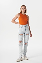Ariana Açık Mavi Yüksek Bel Yıpratmalı Mom Fit Fermuarlı Jean Pantolon C 4525-068