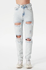 Ariana Açık Mavi Yüksek Bel Yıpratmalı Mom Fit Fermuarlı Jean Pantolon C 4525-068