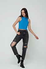 Ariana Antrasit Mom Fit Yüksek Bel Patı Fermuarlı Yıpratmalı Pantolon Jean C 4525-084