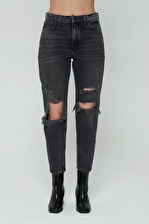 Ariana Antrasit Mom Fit Yüksek Bel Patı Fermuarlı Yıpratmalı Pantolon Jean C 4525-084