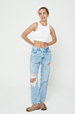  Diana Açık Mavi Yüksek Bel Yıpratmalı  Düğmeli Dad Straight Fit i Jean Pantolon C 4517-059