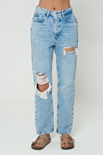  Diana Açık Mavi Yüksek Bel Yıpratmalı  Düğmeli Dad Straight Fit i Jean Pantolon C 4517-059