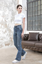 Kadın Tint Kot Rengi Flare Kalıp İspanyol Paça Yüksek Bel Jean