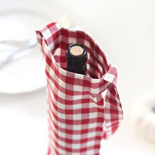 Kırmızı kareli dokuma kumaş şarap şişe çantası