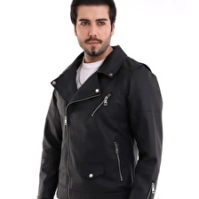 Erkek Siyah Çapraz Fermuar Kuzey Deri Ceket