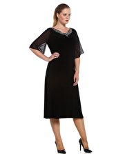 Nidya Moda Büyük Beden Kadın Siyah Şifon Kol Taşlı Yaka Abiye Elbise-4053S