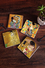 Gustav Klimt Yelpazeli Kadın, Bauer'in Portresi, Aile Kucaklama, Öpücük Taş Bardak Altlığı Masaüstü Koruyucu Altlık 4 Parça Set 10x10cm Stone Coasters