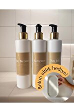 Mat Beyaz Minimal - 3'lü Şampuan ve Duş Jeli Plastik Şişe 250 ml - Pompalı Plastik Şişe Banyo Seti