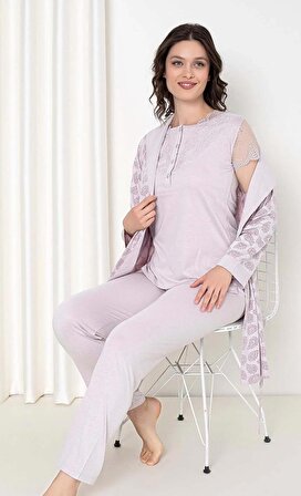 Gülkurusu Renk Sabahlıklı 3'lü Kadın Pijama Takımı