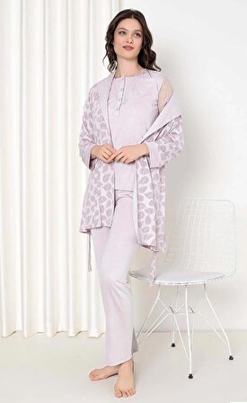 Gülkurusu Renk Sabahlıklı 3'lü Kadın Pijama Takımı