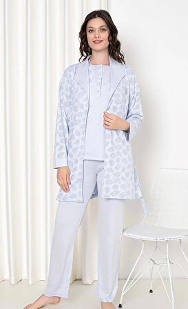 Mavi Renk Sabahlıklı 3'lü Kadın Pijama Takımı