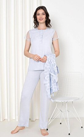 Mavi Renk Sabahlıklı 3'lü Kadın Pijama Takımı