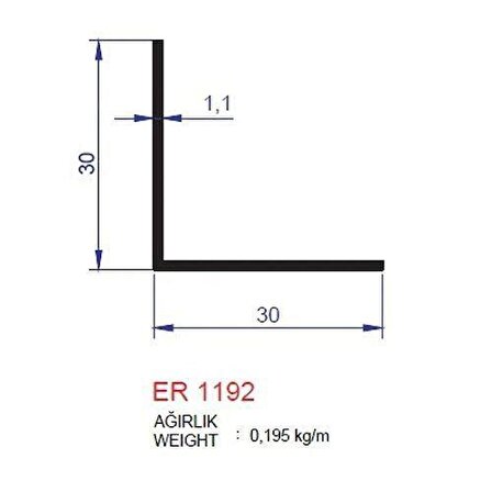 Köşebent Profili 30x30 ER 1192 Eloksal Mat 3 metre