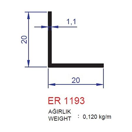 Köşebent Profili 20x20 ER 1193 Eloksal Mat 3 metre