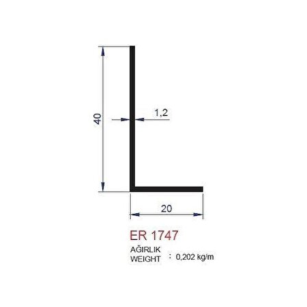 Köşebent Profili 20x40 ER 1747 Eloksal Mat 3 metre