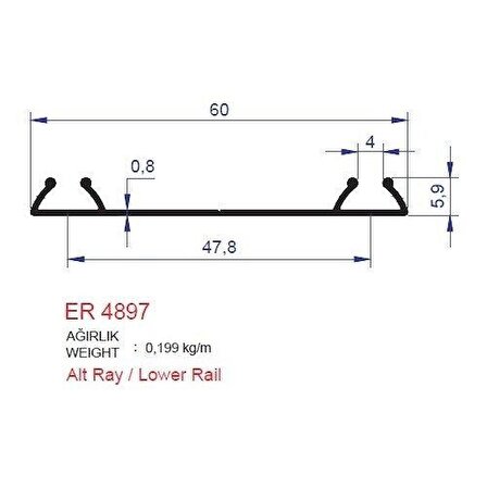 Ray Profili Sürme Kapak Alt ER 4897 Eloksal Mat 2 metre