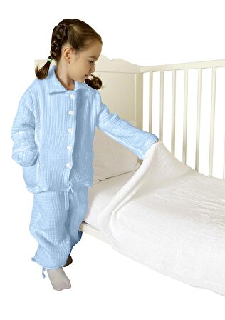 4 Katlı Müslin Bebek Pijama Takımı Pamuklu Çocuk Pijama Takımı Baskısız Kışlık Muslin Pijama Takımı